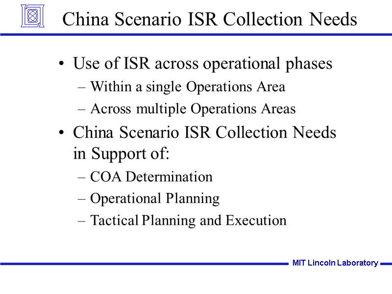 China Scenario ISR Collection Needs Use of ISR across operational phases Within a single